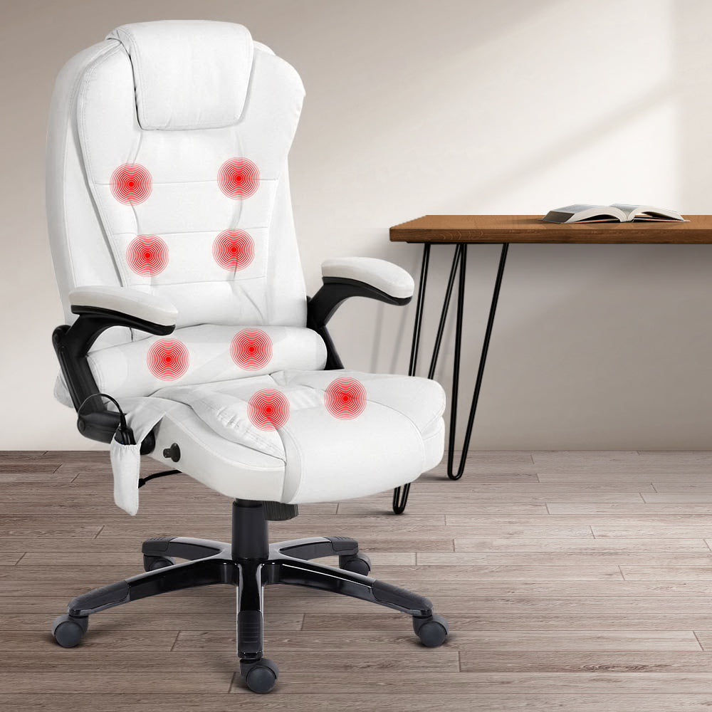 White 8 Point PU Leather Reclining Massage Chair with remote control and ergonomic design.