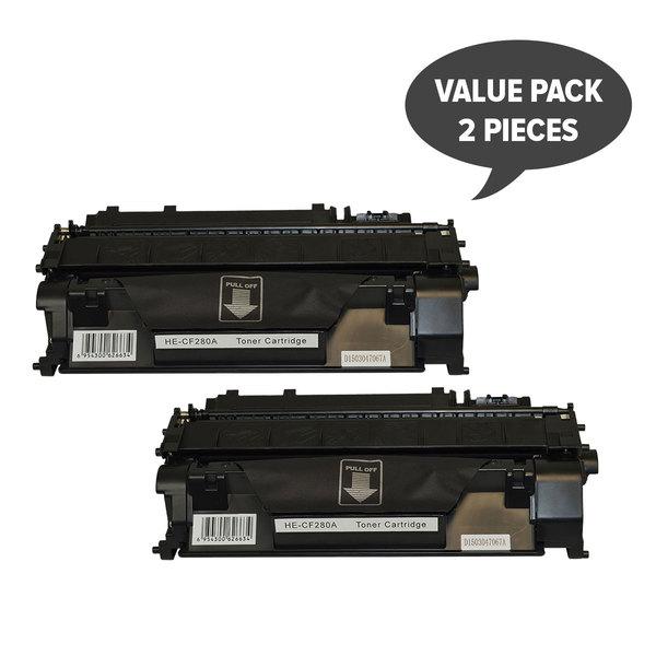 Two #80A CF280A Premium Generic Toner cartridges in packaging, designed for high-quality printing.