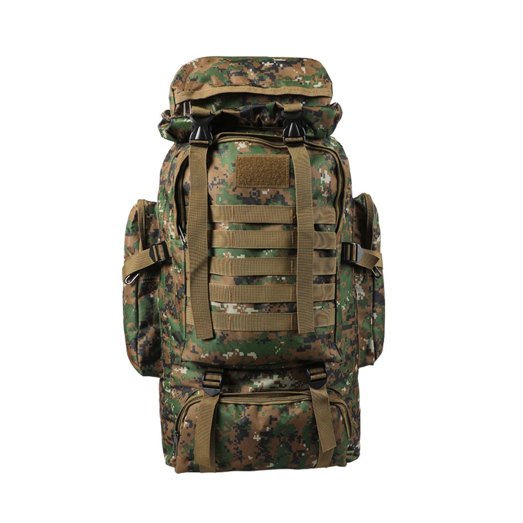 80L Military Tactical Backpack in army green, featuring multiple compartments, adjustable straps, and waterproof fabric, ideal for hiking and camping.