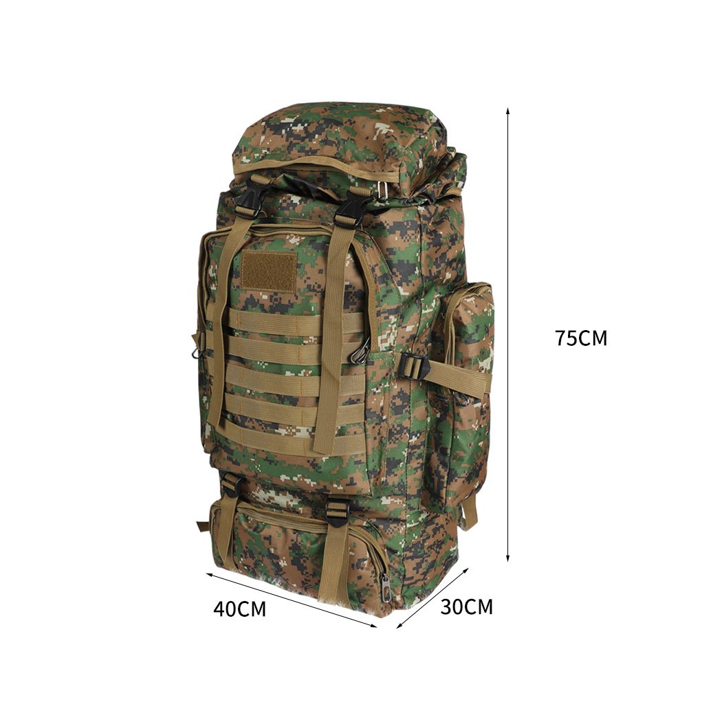 80L Military Tactical Backpack in army green, featuring multiple compartments, adjustable straps, and waterproof fabric, ideal for hiking and camping.