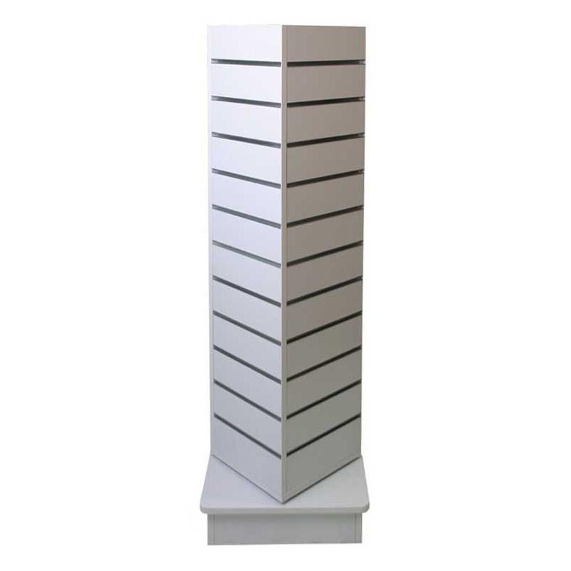 8WARE Retail Cable Display Stand featuring a 4-sided slat panel spinner design, ideal for merchandising in small retail spaces.