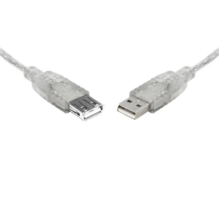 8WARE USB 2.0 Extension Cable, 25cm long, A to A Male to Female, transparent design with metal sheath.