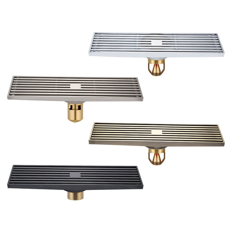 8x30cm Extended Full Copper Strip Floor Drain with nickel finish, showcasing its removable structure and metal strainer.