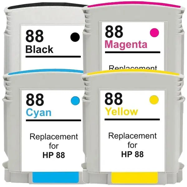 88XL Remanufactured Inkjet Cartridge Set featuring black, cyan, magenta, and yellow cartridges for HP printers.