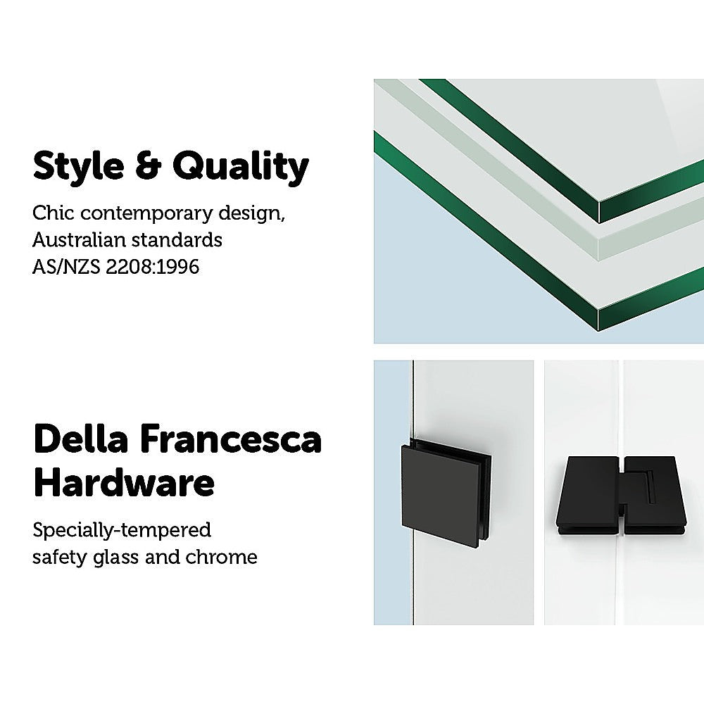 Della 900 x 1450mm Frameless Bath Panel with 10mm tempered glass and black hardware, showcasing a modern bathroom design.