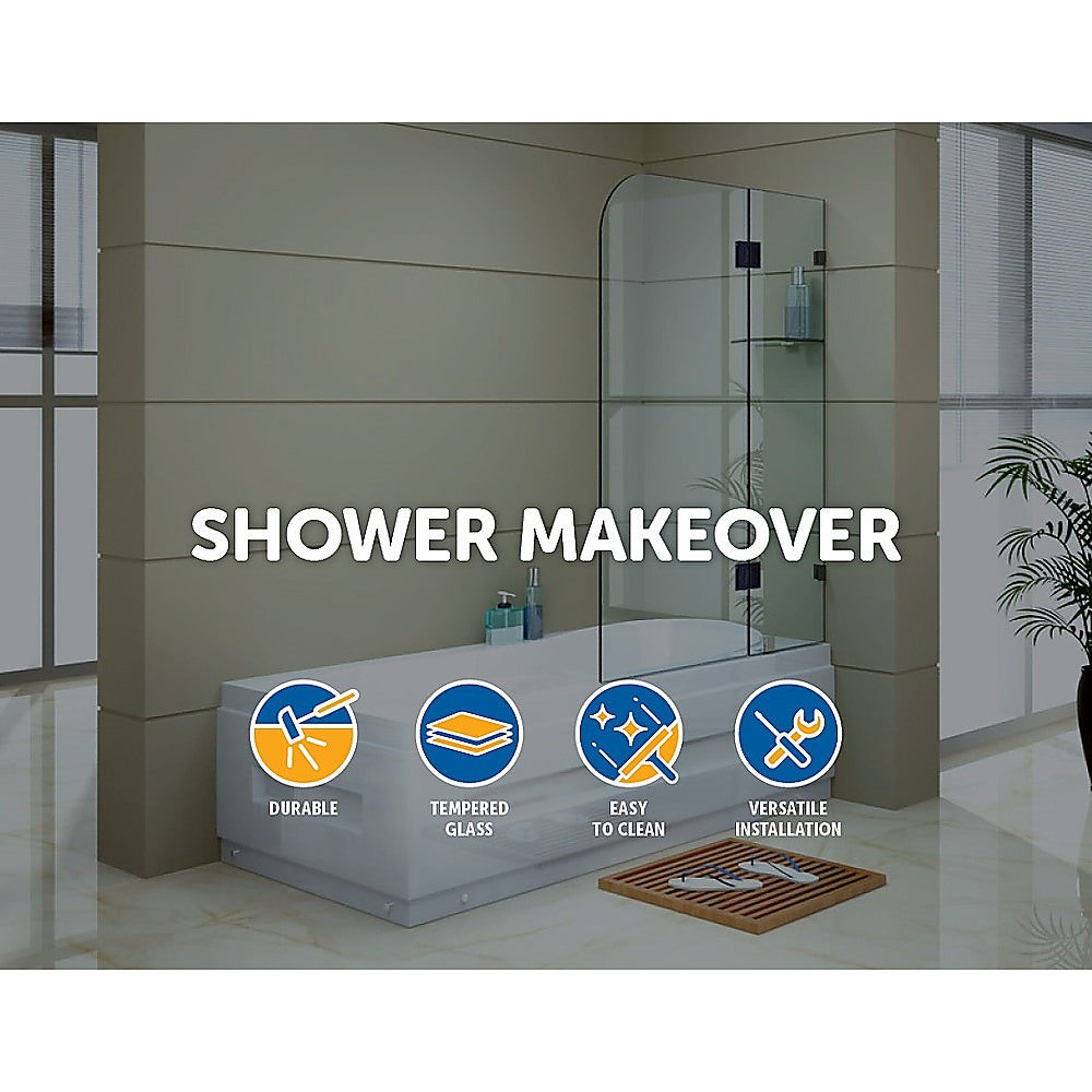 Della 900 x 1450mm Frameless Bath Panel with 10mm tempered glass and black hardware, showcasing a modern bathroom design.