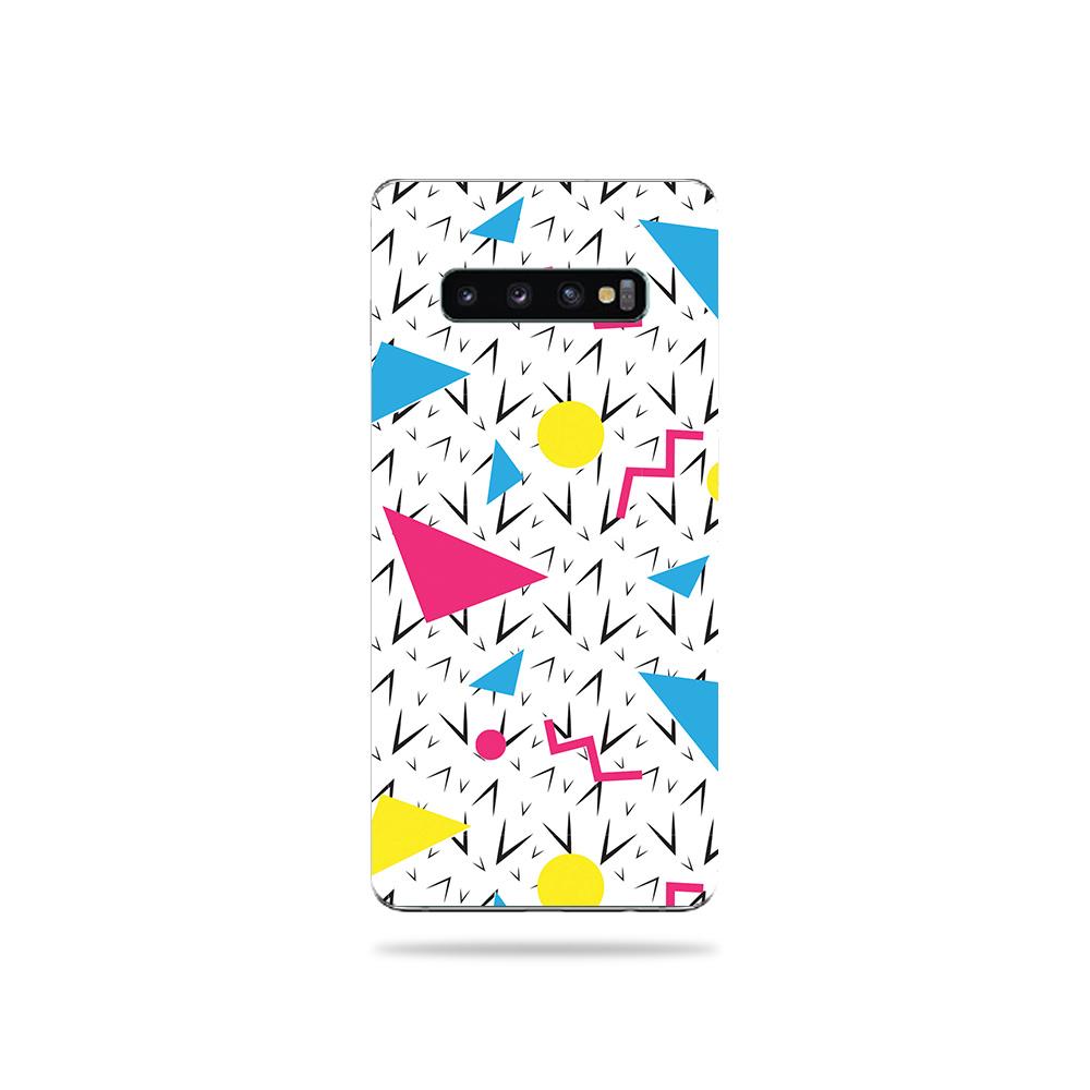 A vibrant 90s Fun skin for Samsung Galaxy S10 showcasing colorful patterns and textures.