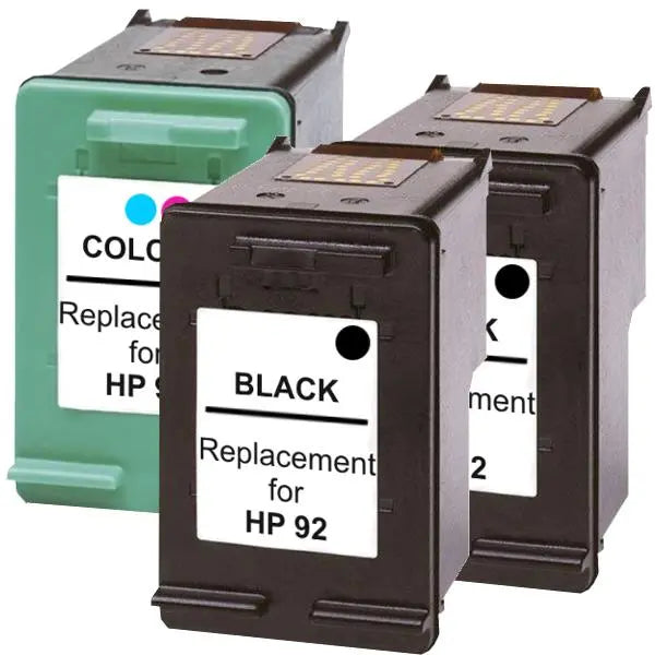 A set of three inkjet cartridges including two black HP92 cartridges and one color HP93 cartridge, designed for high-quality printing.