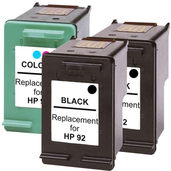 A set of three inkjet cartridges including two black HP92 cartridges and one color HP93 cartridge, designed for high-quality printing.