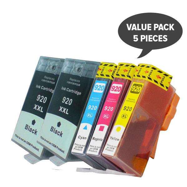 920XL Compatible Inkjet Set with five cartridges including two black, cyan, magenta, and yellow for vibrant printing.