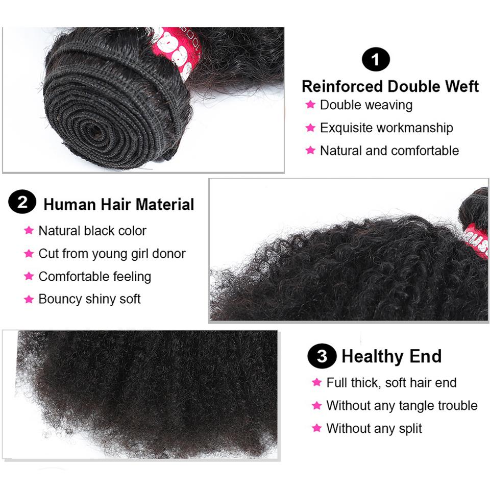 9A Brazilian Afro Kinky Curly Hair Bundles showcasing soft, shiny curls with a natural black color, perfect for versatile styling.