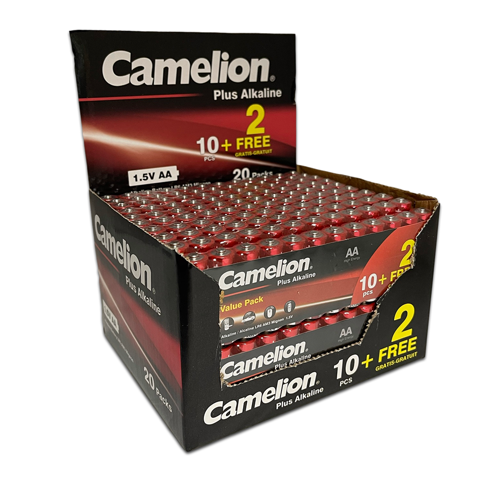 Camelion AA Plus Alkaline 10+2 Pack Counter Display featuring 20 batteries, ideal for high-drain devices.