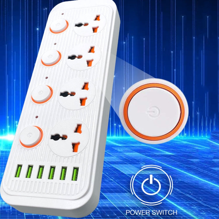 A05 2m 3000W power strip with 4 AC plugs and 6 USB ports, featuring a child protection safety door and flame-retardant material.