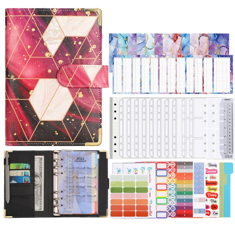 A6 Loose-leaf Notebook Budget Book with marbled design, imitation leather cover, and various accessories including budget cards and stickers.
