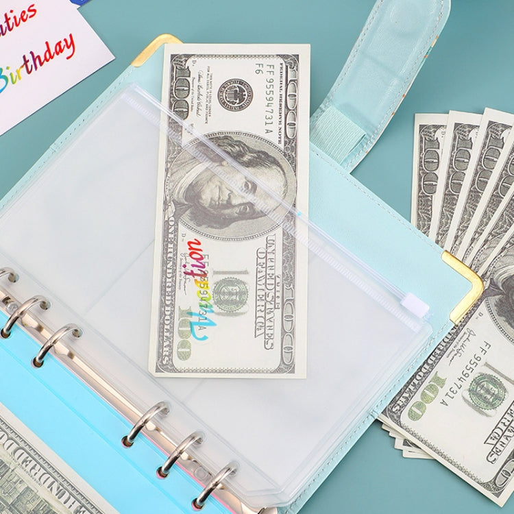 A6 Loose-leaf Notebook Budget Book with marbled design, imitation leather cover, and various accessories including budget cards and stickers.