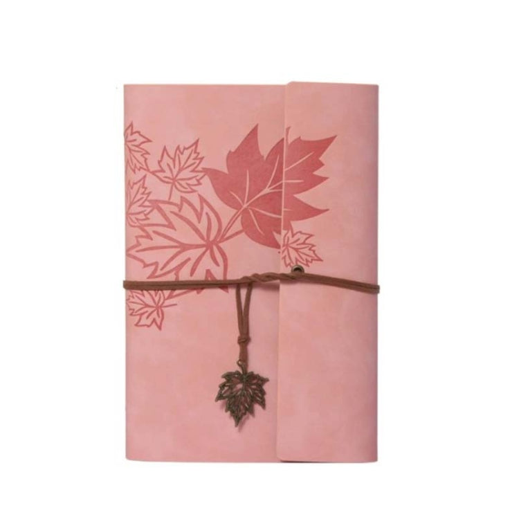 A6 PU Maple Retro Straps Handbook Loose-leaf Notebook in Pink with a maple leaf pendant strap and color-changing PU leather cover.