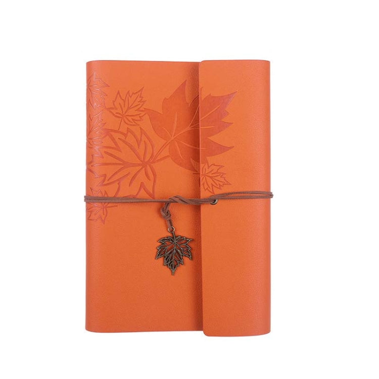 A7 PU Maple Retro Straps Handbook Loose-leaf Notebook in orange with a copper maple leaf pendant and loose-leaf design.