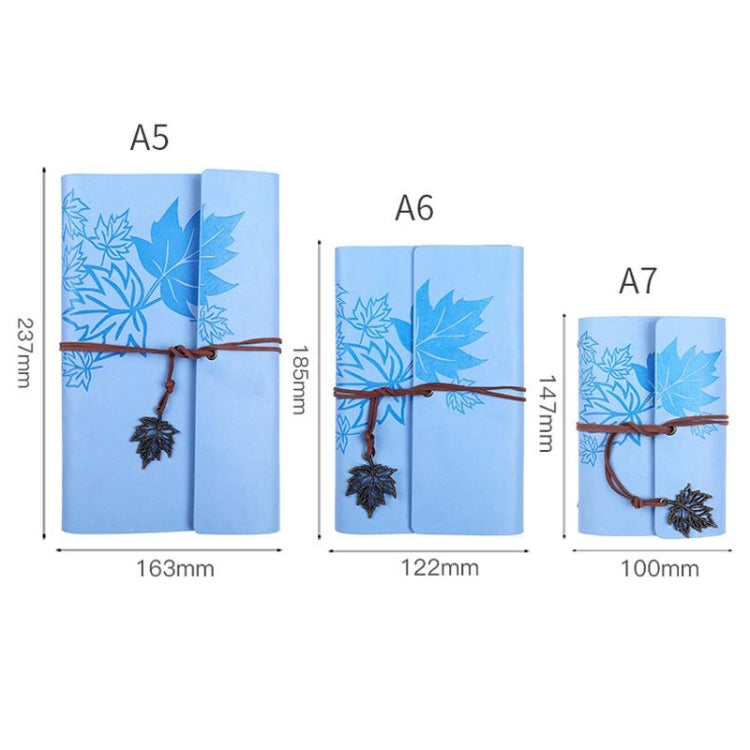 A7 PU Maple Retro Straps Handbook Loose-leaf Notebook in orange with a copper maple leaf pendant and loose-leaf design.