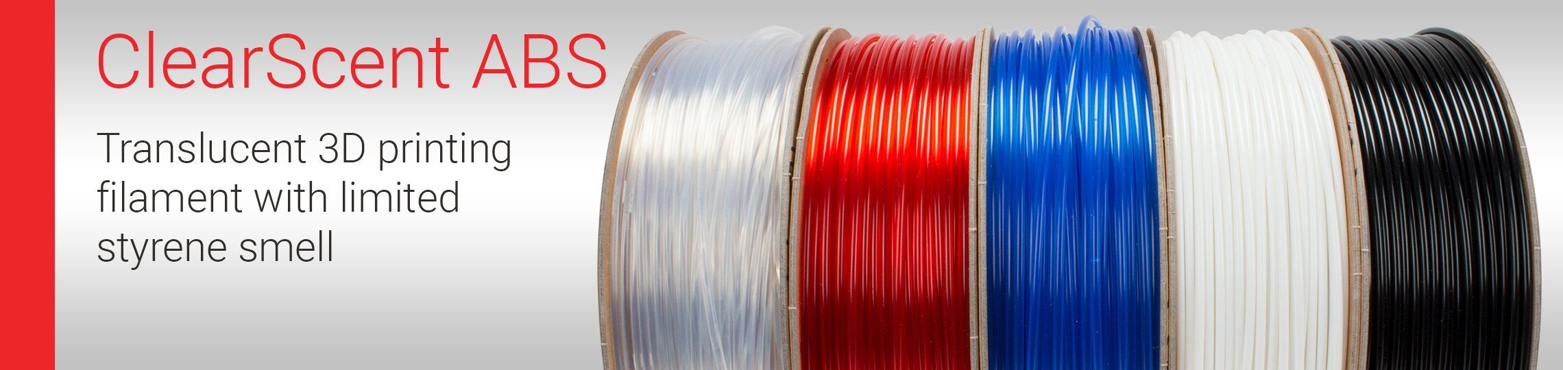 ClearScent ABS filament in black and clear colors, showcasing its transparent quality and spool design for 3D printing.