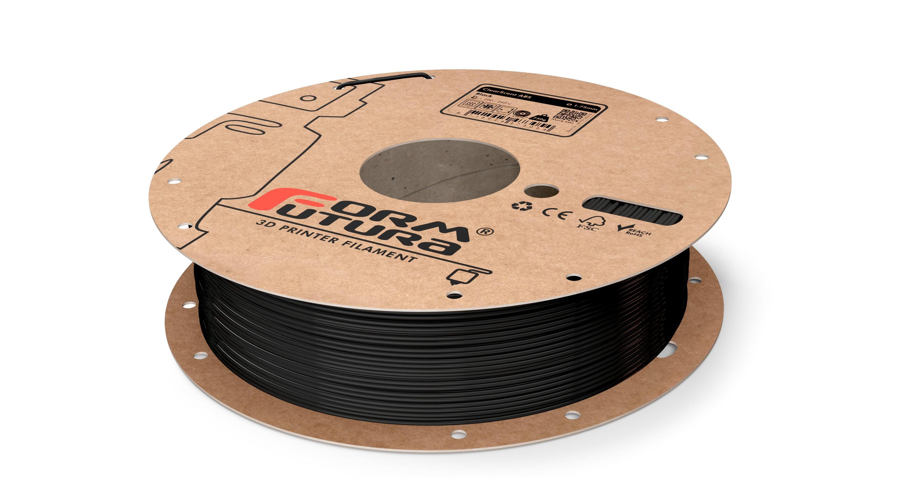 ClearScent ABS filament in black and clear colors, showcasing its transparent quality and spool design for 3D printing.