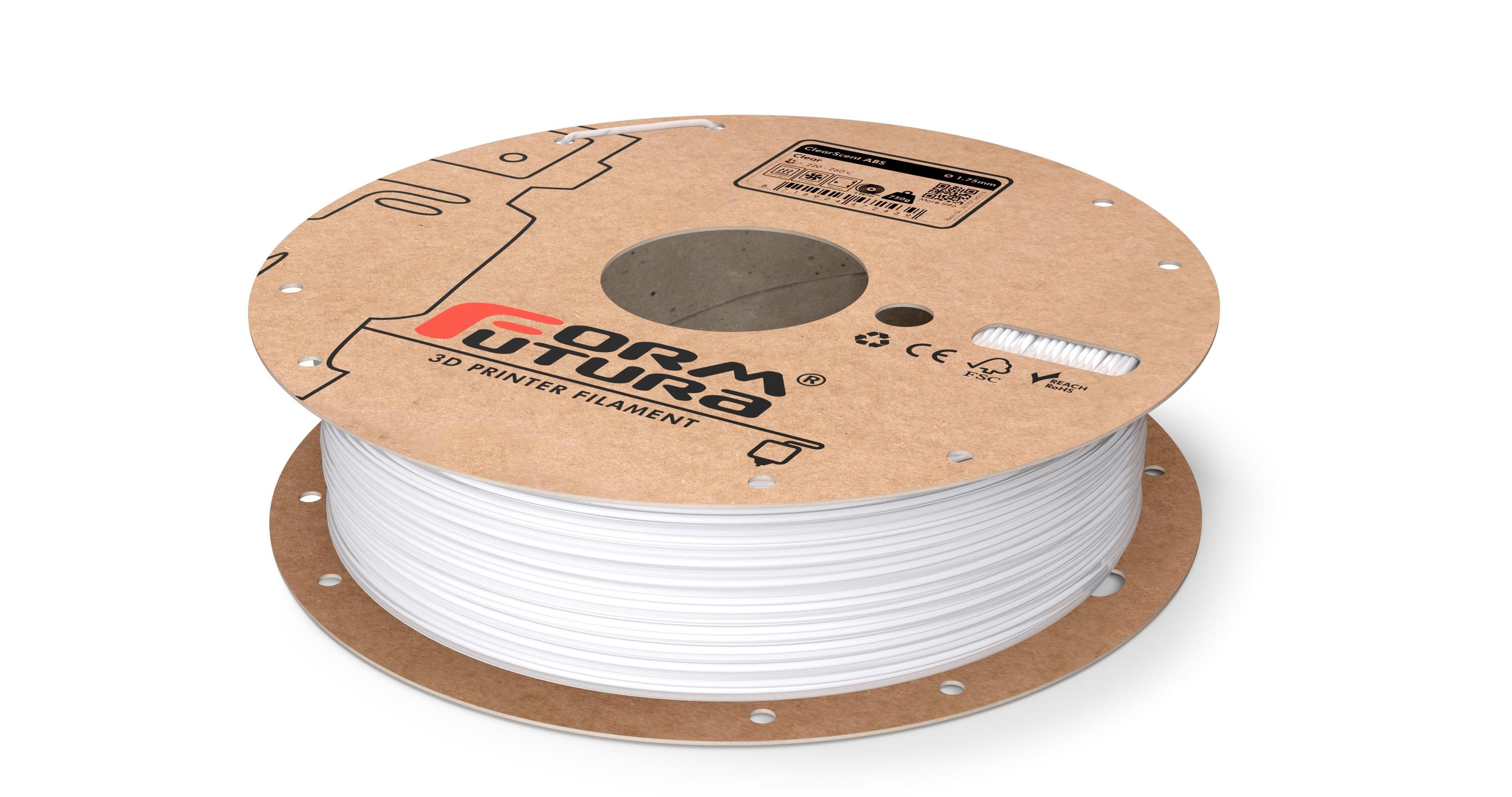 ClearScent ABS filament in black and clear colors, showcasing its transparent quality and spool design for 3D printing.