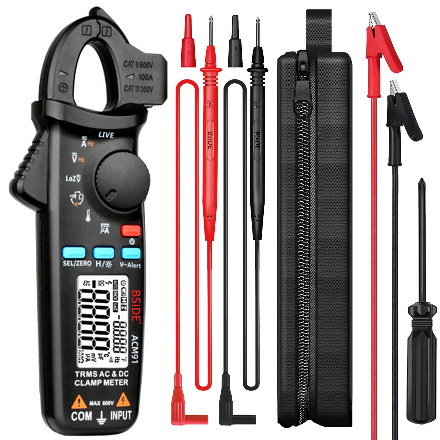 ACM91 Digital Clamp Meter displaying True RMS measurements with a digital screen and clamp jaws for current measurement.