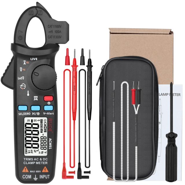 ACM91 Digital Clamp Meter displaying True RMS measurements with a digital screen and clamp jaws for current measurement.