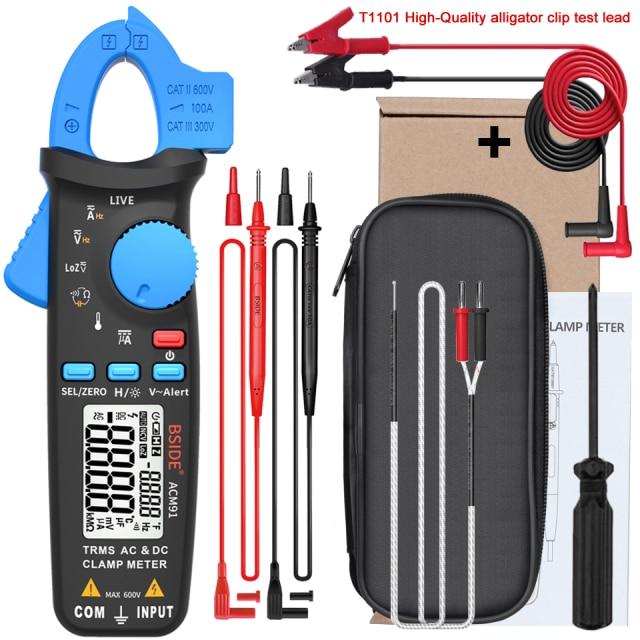 ACM91 Digital Clamp Meter displaying True RMS measurements with a digital screen and clamp jaws for current measurement.