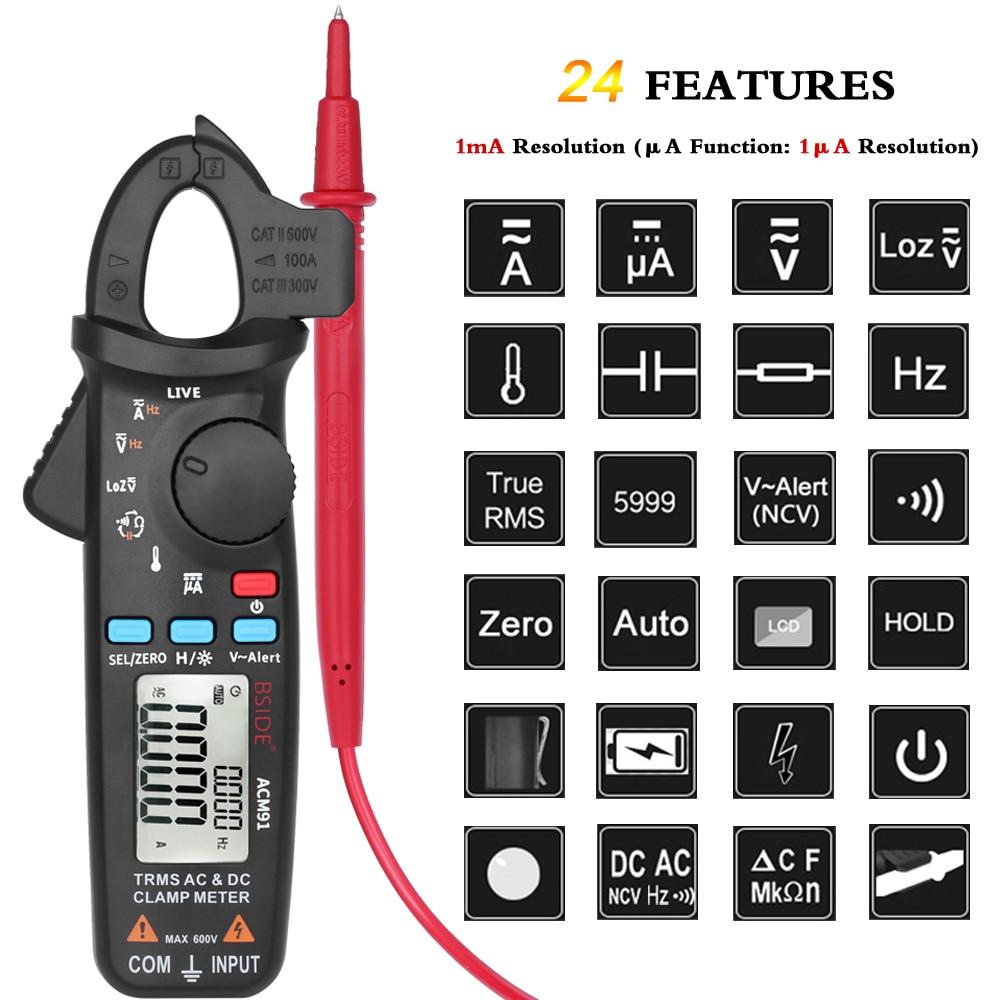 ACM91 Digital Clamp Meter displaying True RMS measurements with a digital screen and clamp jaws for current measurement.