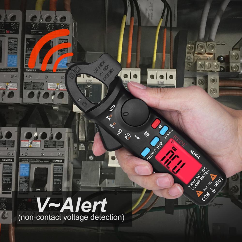 ACM91 Digital Clamp Meter displaying True RMS measurements with a digital screen and clamp jaws for current measurement.