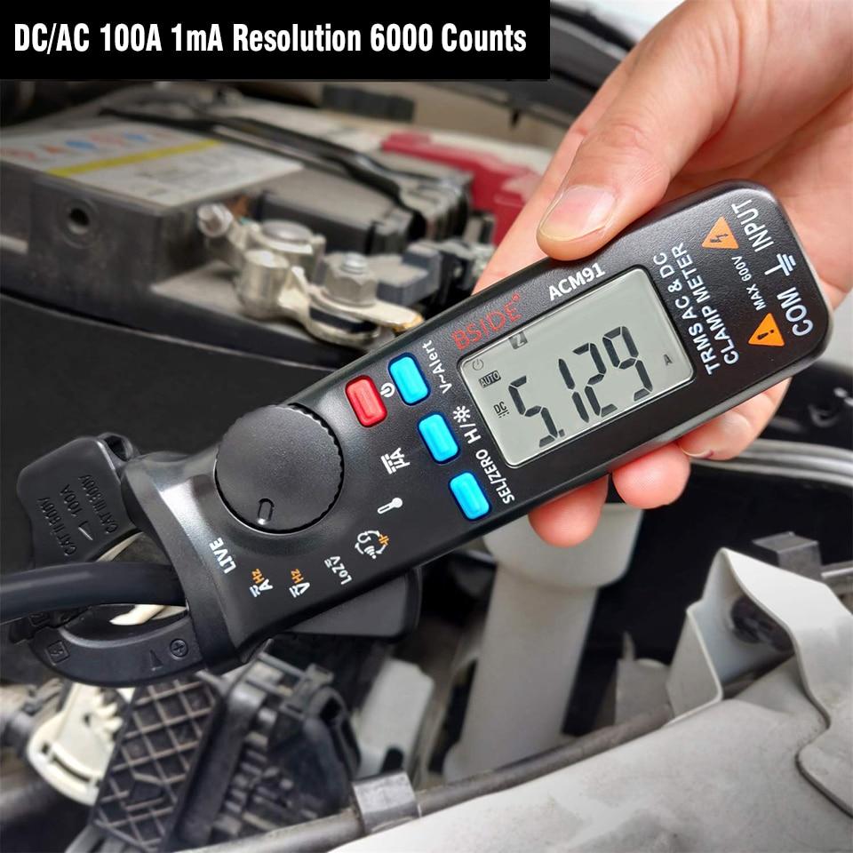 ACM91 Digital Clamp Meter displaying True RMS measurements with a digital screen and clamp jaws for current measurement.