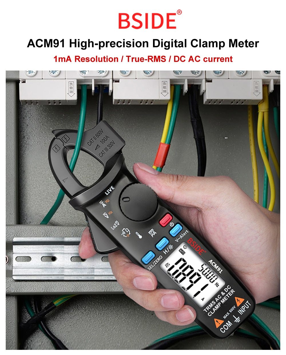 ACM91 Digital Clamp Meter displaying True RMS measurements with a digital screen and clamp jaws for current measurement.