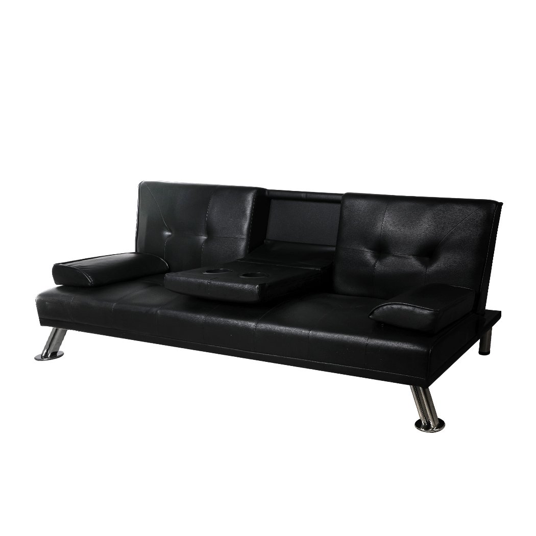 Adjustable Sofa Bed Lounge Futon Couch in black leather, featuring three adjustable backrest positions and ergonomic cup holders.