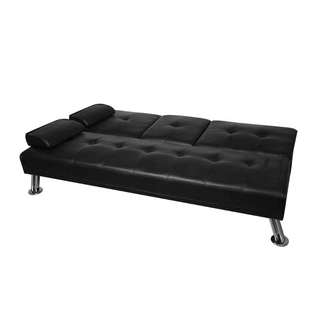 Adjustable Sofa Bed Lounge Futon Couch in black leather, featuring three adjustable backrest positions and ergonomic cup holders.