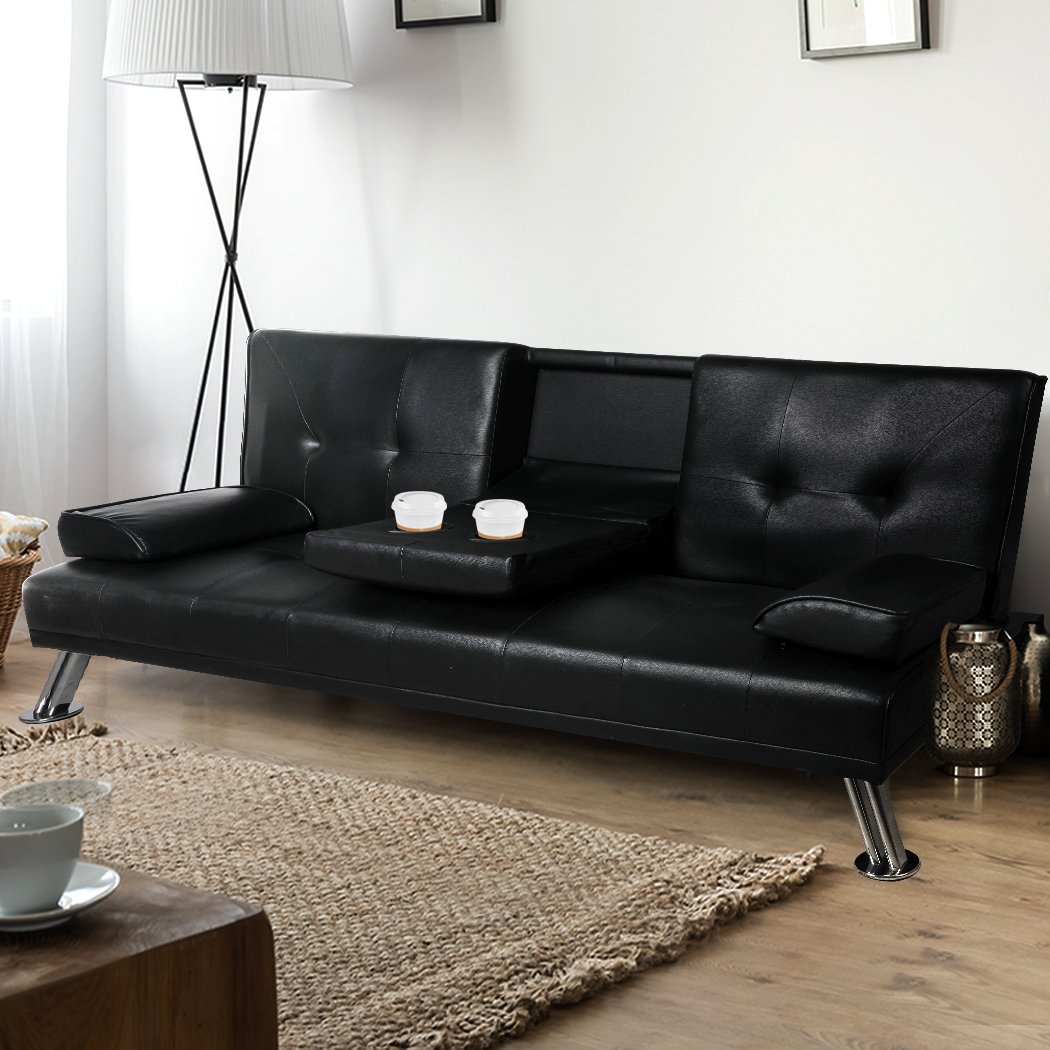 Adjustable Sofa Bed Lounge Futon Couch in black leather, featuring three adjustable backrest positions and ergonomic cup holders.