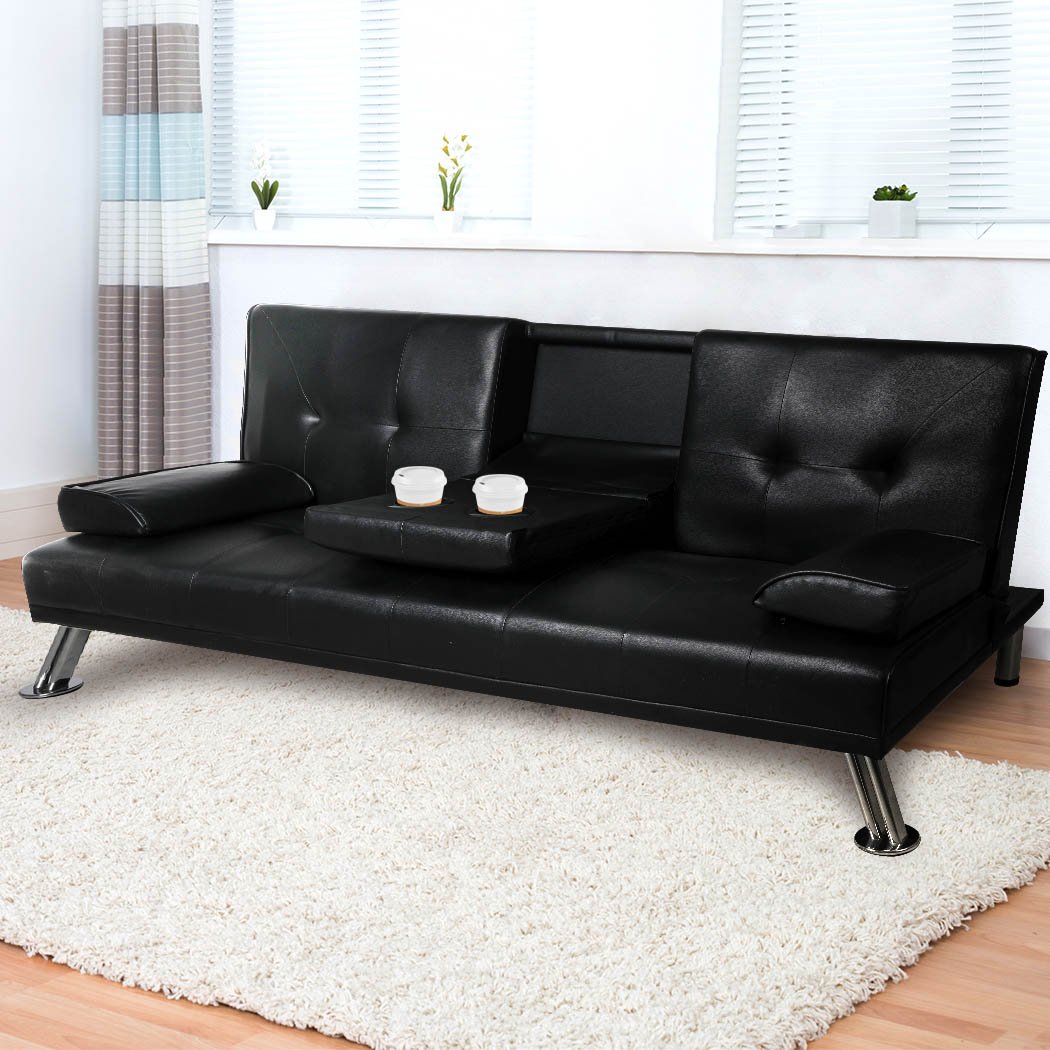Adjustable Sofa Bed Lounge Futon Couch in black leather, featuring three adjustable backrest positions and ergonomic cup holders.
