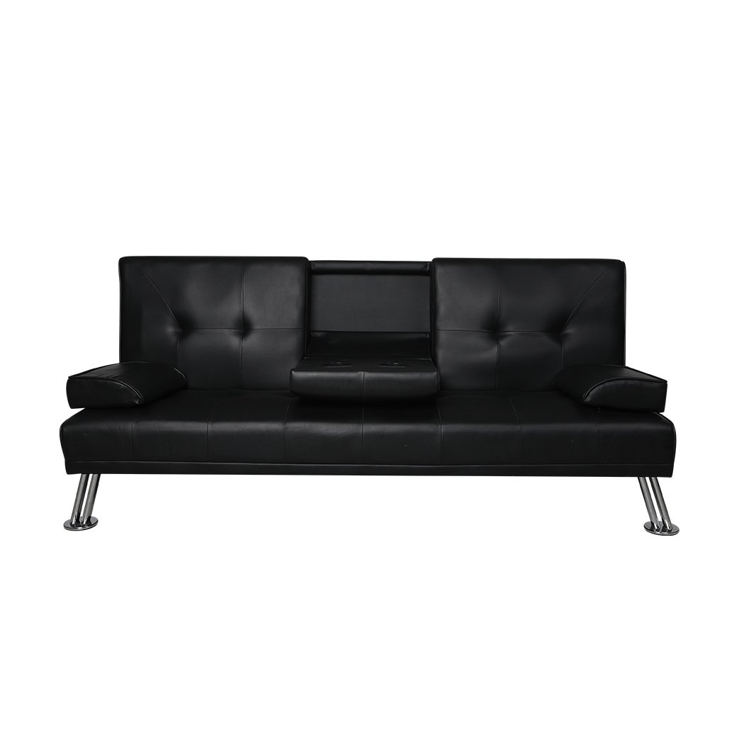 Adjustable Sofa Bed Lounge Futon Couch in black leather, featuring three adjustable backrest positions and ergonomic cup holders.