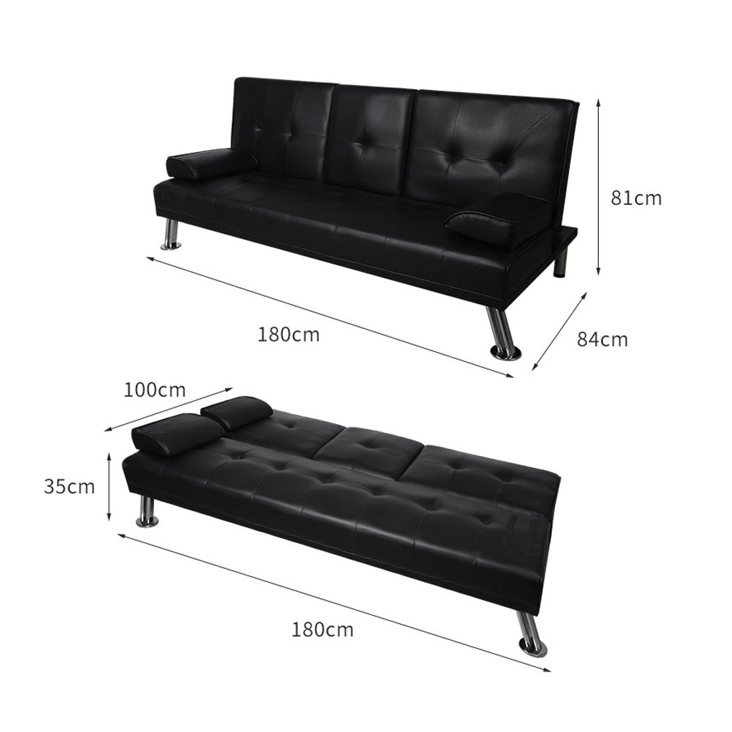 Adjustable Sofa Bed Lounge Futon Couch in black leather, featuring three adjustable backrest positions and ergonomic cup holders.