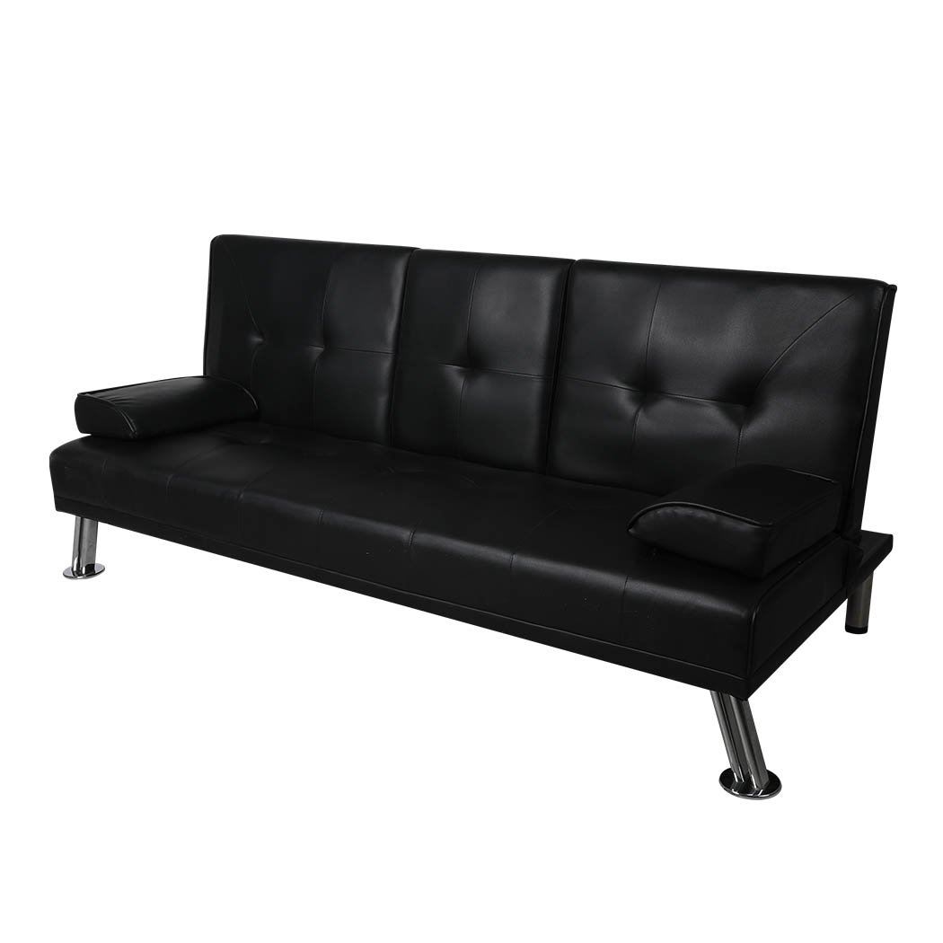 Adjustable Sofa Bed Lounge Futon Couch in black leather, featuring three adjustable backrest positions and ergonomic cup holders.