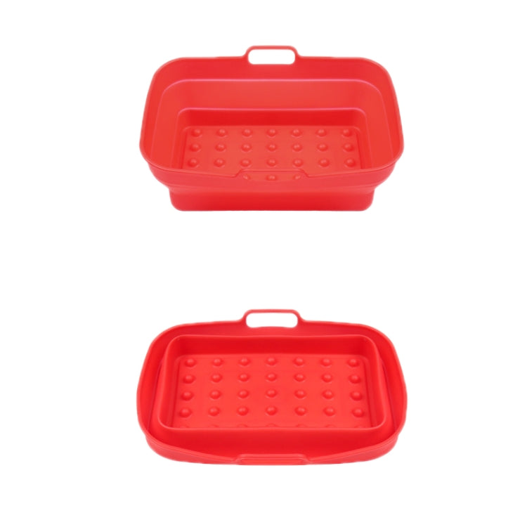 High temperature resistant silicone baking tray for air fryers, featuring a 3D drainage groove pattern and double ear carry handles.