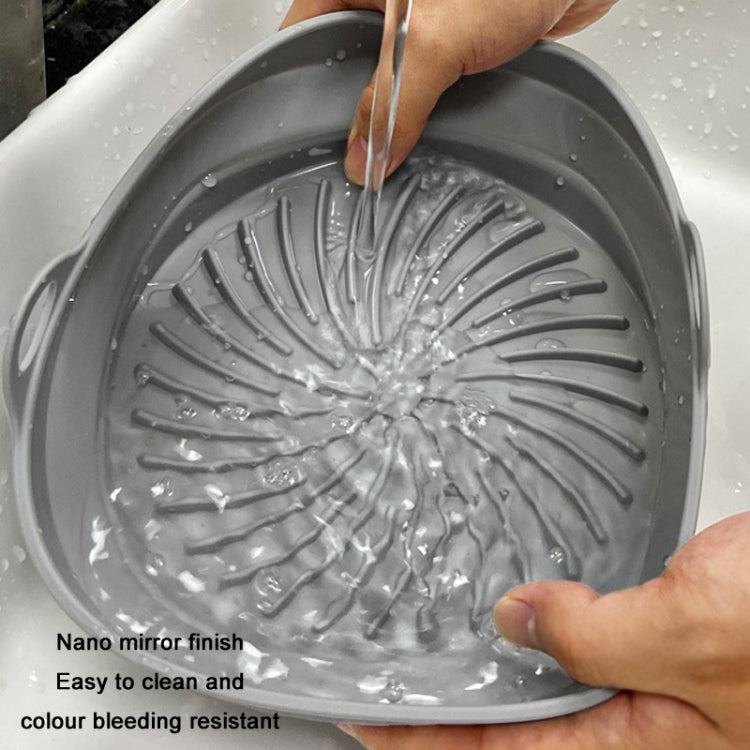 High temperature resistant silicone air fryer grill mat with 3D drainage grooves and double ear handles, perfect for easy cooking and cleaning.