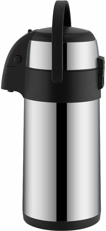 5L insulated airpot flask with pump action dispenser, made of stainless steel, ideal for hot and cold beverages.