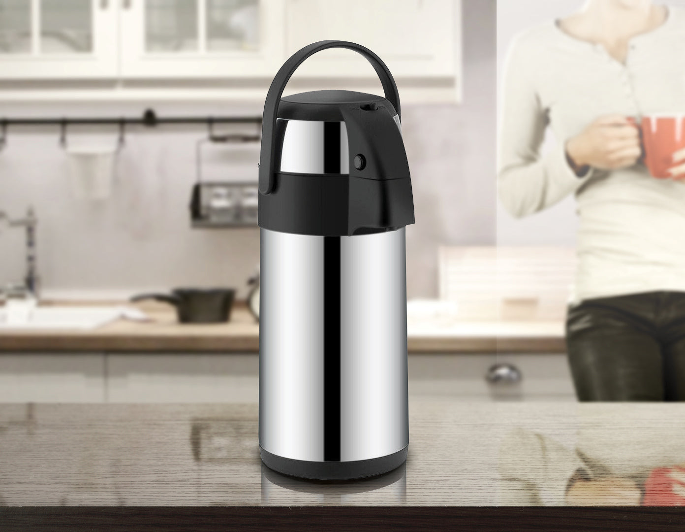 5L insulated airpot flask with pump action dispenser, made of stainless steel, ideal for hot and cold beverages.