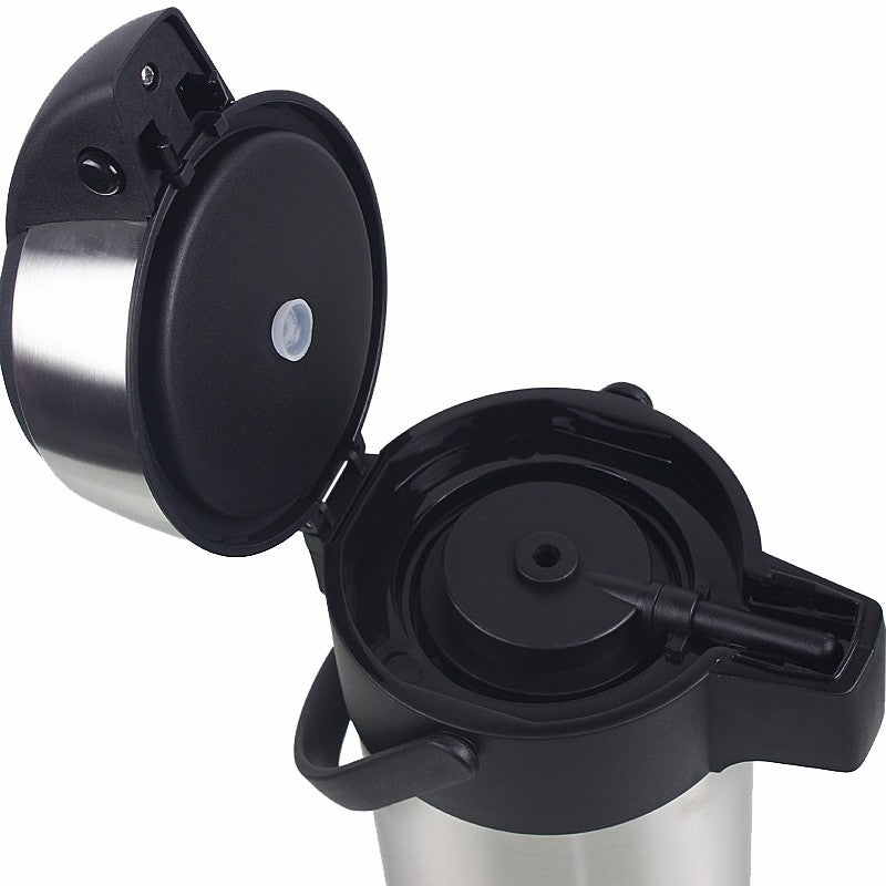 5L insulated airpot flask with pump action dispenser, made of stainless steel, ideal for hot and cold beverages.