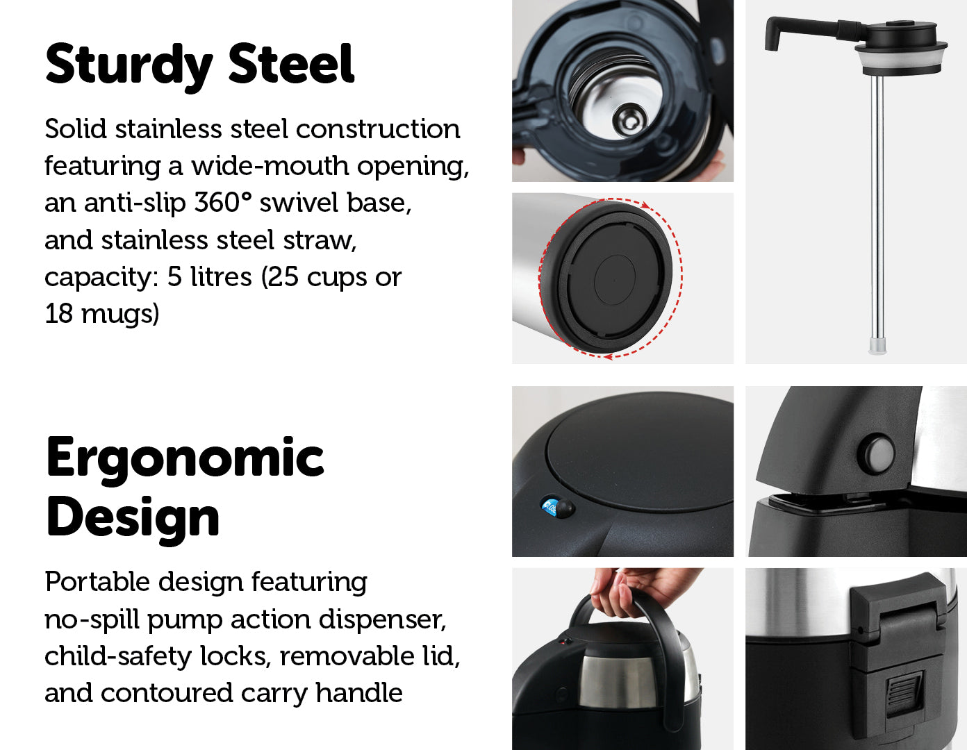 5L insulated airpot flask with pump action dispenser, made of stainless steel, ideal for hot and cold beverages.