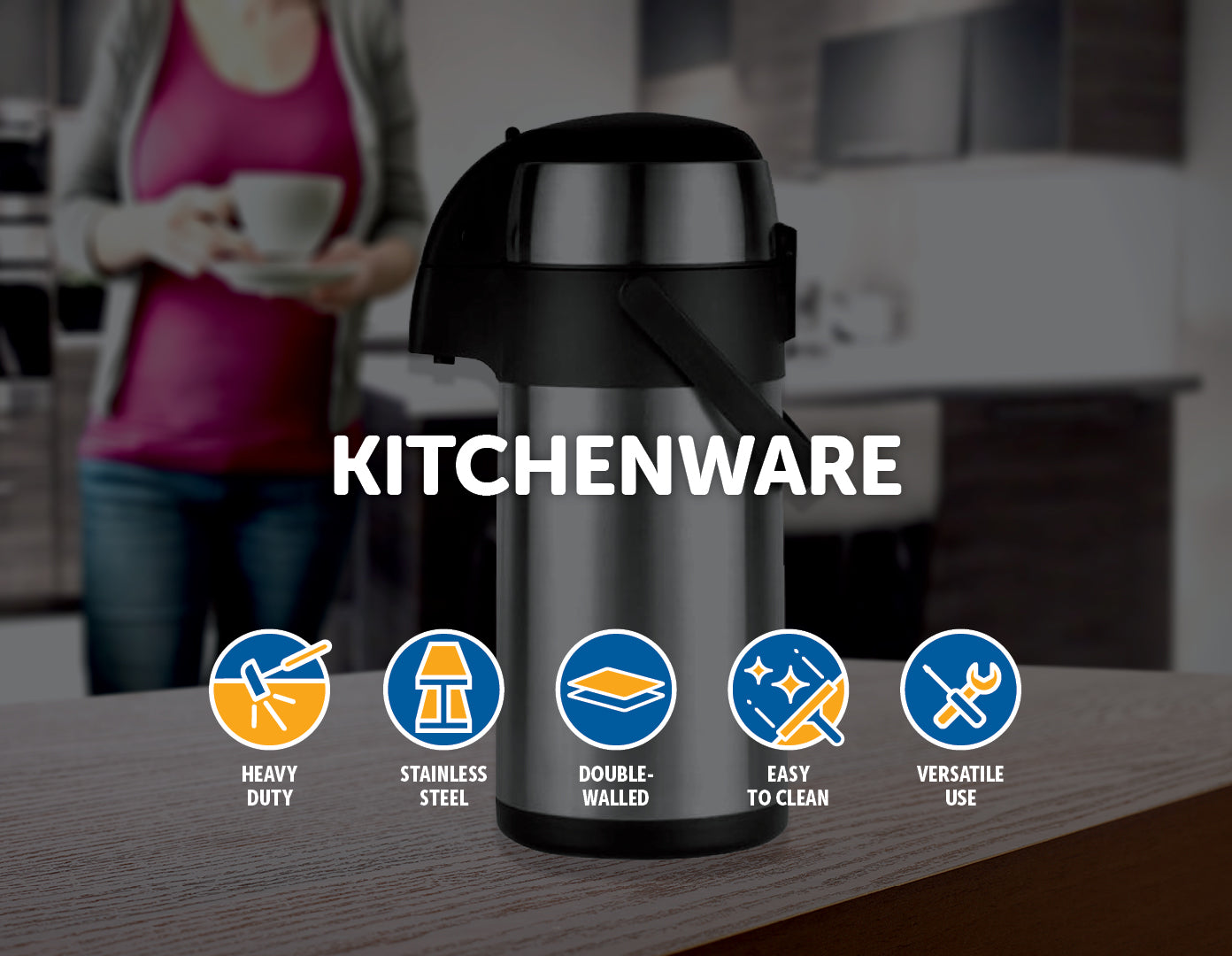 5L insulated airpot flask with pump action dispenser, made of stainless steel, ideal for hot and cold beverages.