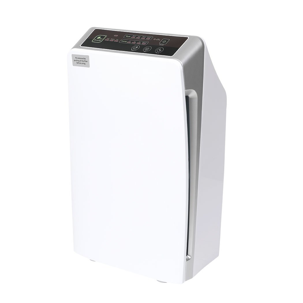 Air Purifier Cleaner Smart Home Purifiers with HEPA and Plasma Ionizer technology, featuring a sleek silver design and remote control.