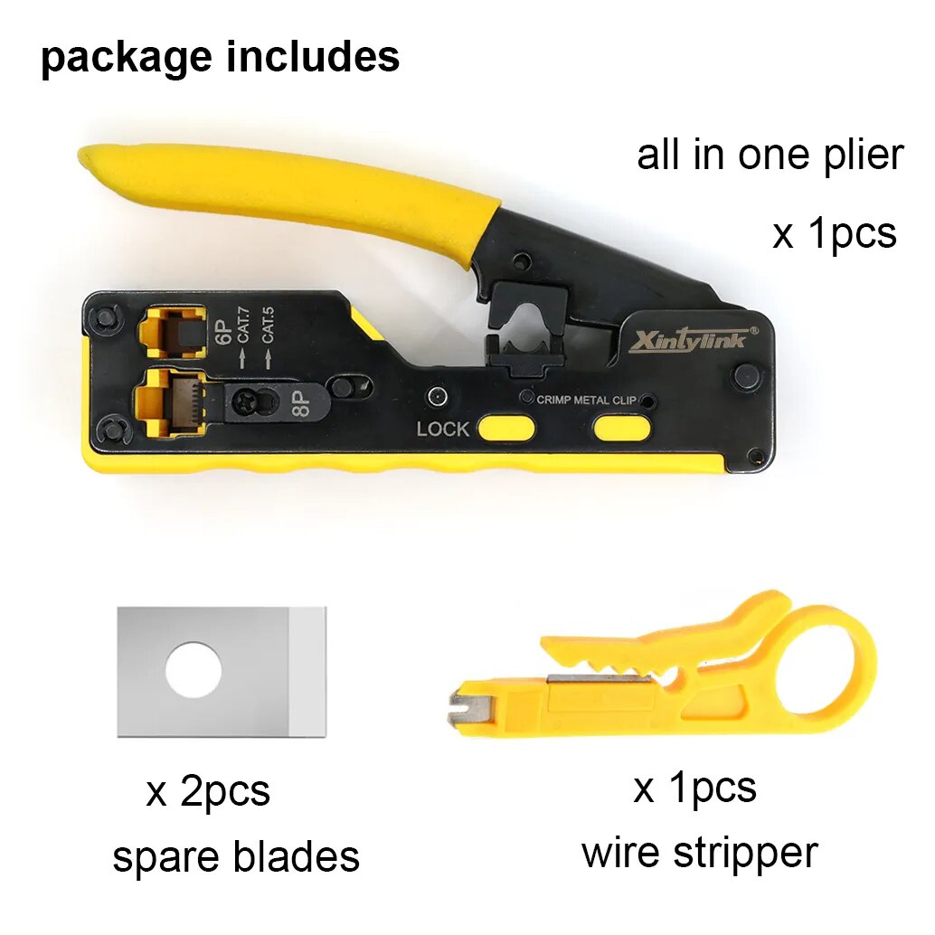 All-in-one RJ45 pliers networking crimper designed for CAT5, CAT6, CAT7, and CAT8 cables, showcasing its durable high-carbon steel construction.