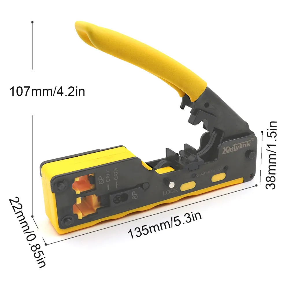 All-in-one RJ45 pliers networking crimper designed for CAT5, CAT6, CAT7, and CAT8 cables, showcasing its durable high-carbon steel construction.