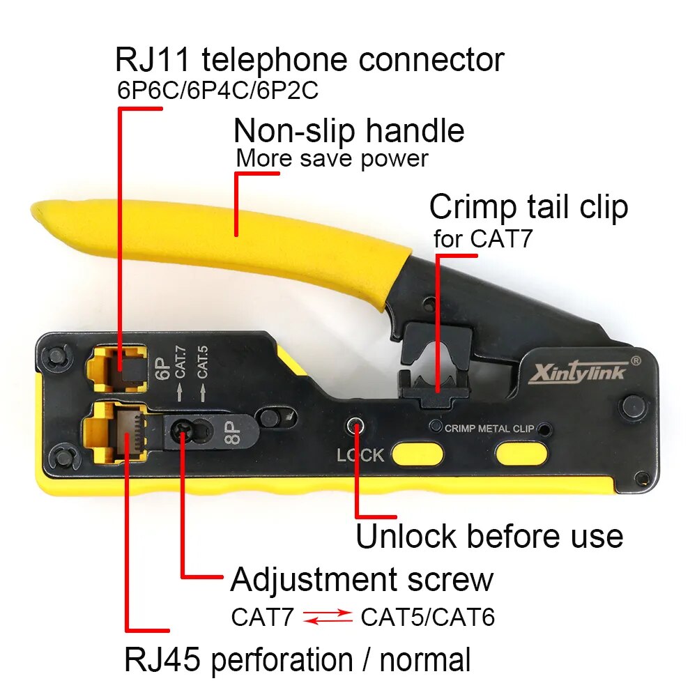 All-in-one RJ45 pliers networking crimper designed for CAT5, CAT6, CAT7, and CAT8 cables, showcasing its durable high-carbon steel construction.